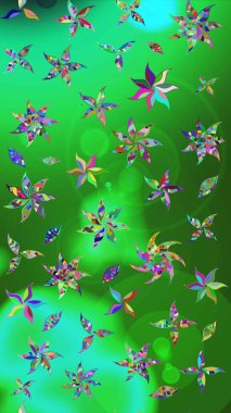 Raster illüstrasyonundaki çiçek desenli çizim. Yeşil ve mavi renkte çiçekler.