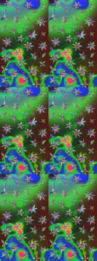 Raster deseni. Bahar çiçekleri dallı desen, yeşil ve mavi renkler çiçekli siluet.