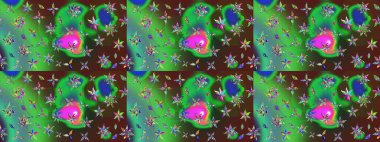 Çok yeşil ve kahverengi zarif küçük çiçekler ve yeşil ve kahverengi renkli komik böcekler, raster desen, illüstrasyon.