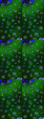 Raster illüstrasyonu. Yumuşak, bahar çiçekleri yeşil ve mavi renklerde. Yaprak ve çiçeklerin suluboya resmi, yeşil ve mavi renkler üzerine çizim deseni.