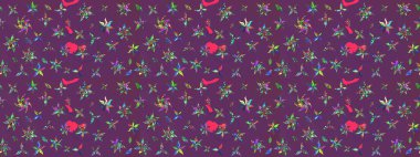 Mor ve yeşil renkte etnik çiçeklerle süslenmiş zarif bir eskiz şekli. Asya Tekstil 'inde Raster Çiçek İllüstrasyonu.