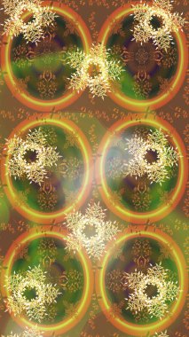 Kahverengi, yeşil ve sarı renkler ve kar taneleri. Renkli arka planda izole tatlı kar taneleri. Raster illüstrasyonu.