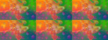 Yeşil ve turuncu renkli çiçekler. Düz Çiçek Elementleri Tasarımı. Sketch Colour Spring Theme eskiz kalıbı. Sevimli çiçek raster deseni.