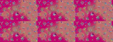 Manzaralı çiçek deseni. Sevgililer günü ve tebrik kartı konsepti için şık bir davetiye. Çiçek kompozisyonu, el boyası, hassas şablon. Üst görünüm, yumuşak pembe ve mor renk.