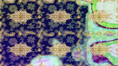 Klasik klasik klasik arka plan. Mavi renkler ve altın elementler üzerine çizim. Klasik Raster Golden eskiz kalıbı. Geleneksel oryantasyon süsü.