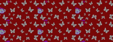 Raster. Kırmızı ve gri renkli resimler. Moda Kumaşı Tasarımı. Şirin kelebeklerin güzel çizim şekli. El çizimi illüstrasyon.