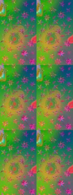 Yeşil ve mavi renkte çiçekler. Çizim çiçek deseni duvar kâğıdı olarak kullanılabilir. Raster illüstrasyonu.