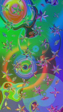 Elle çizilmiş çiçek desenli Raster çizimi. Yeşil ve mavi arka planda. Tekstil, kumaş, ambalaj, hatıra defteri için hoş bir çiçek arkaplanı. Çocuksu tasarım.