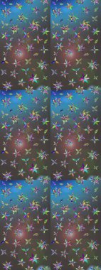 Renkli desenli eskiz deseni, gri ve mavi çiçekler ve dekoratif elementler. Eskiz geçmişi. Kumaş, tekstil, duvar kağıdı baskısı için. Raster illüstrasyonu. Antika retro tarzı.