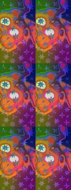 Renkli Yaz Temalı eskiz kalıbı. Raster Illustrasyon 'daki Çiçek Deseni' nin son moda çizimi. Düz Çiçek Elementleri Tasarımı. Mor ve turuncu renkte çiçekler.