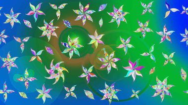 Yeşil ve mavi renkli etnik çiçekli zarif eskiz deseni. Asya Tekstil 'inde Raster Çiçek İllüstrasyonu.