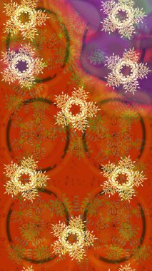 Turuncu, kahverengi ve mor renkli çizimler. Soyut duvar kâğıdı, ambalaj dekorasyonu. Basit bir kar tanesi. Kışın sembolü, mutlu noeller, mutlu yeni yıl kutlaması Raster illüstrasyonu..