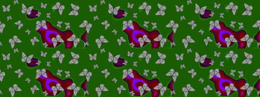 Perfect for wallpapers, web page backgrounds, surface textures, textile. Sketch floral summer pattern background on green and gray colors. Pictures witg tropical butterflies. Raster.