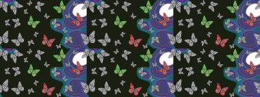 Raster illüstrasyonu. Kelebekli parlak eskiz deseni. Moda Kumaşı Tasarımı. Gri ve mavi renkli resim.