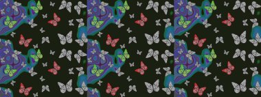 Raster. Moda Kumaşı Tasarımı. Şirin kelebeklerin güzel çizim şekli. Elle çizilmiş illüstrasyon. Gri ve mavi renkli resimler.