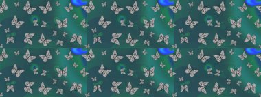 Sketch pattern. Suitable for paper, fabric, packaging. Butterflies on blue and green cute background. Raster.
