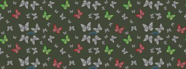 Kart, Davetiye ve Yazdırma için Şirin Kadınsı Desen. Güzel Kelebek Siluetleriyle Moda Dekorasyonu. Renkli Kelebeklerle Bahar Arkaplanı. Yeşil ve gri renkler üzerine Raster Arkaplanı.