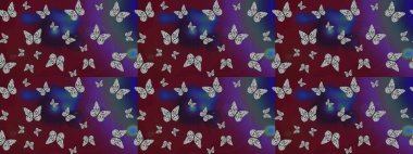 Paketleme, kağıt ve kumaş için uygun. Kelebekli renkli folklor deseni. Mor ve kahverengi arka planda renkli kelebekler.