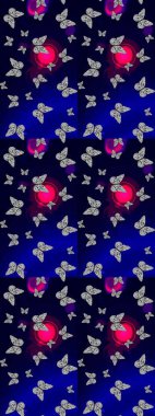 Çocuk kelebek çizim kalıbı. Siyah ve mavi arka planda güzel renkli kelebekler. Raster Moda Kelebekleri Çocuk Duvar Kağıdı.