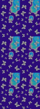 Raster illüstrasyonu. Tekstil baskısı için ekose kelebek. Karala, karala, karala. Çizim kalıbı. Mavi ve gri renkler üzerine resim.