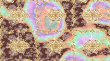 Raster soyut çiçek çelengi altın karalama fantezi yaprakları ve tarafsız renklerde çiçek. El yapımı dekoratif çerçeve, albüm kapağı, tebrik kartı, klasik Art deco tarzı.