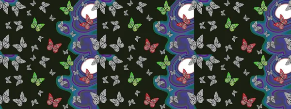 Raster illüstrasyonu. Kelebekli parlak eskiz deseni. Moda Kumaşı Tasarımı. Gri ve mavi renkli resim.