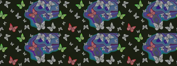 Kağıt, kumaş ve ambalaj için uygun. Gri ve mavi renkli bir resim. Kelebekli Raster çiçek deseni..