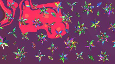 Raster illüstrasyonu. Egzotik çiçekler, mor ve pembe renklerdeki parlak botanik klasik doğa. Klasik tropikal doğal elementlerin suluboya seti.