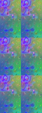 Raster Floral Illustration, Asyalı tekstil. Mavi ve yeşil renkli etnik çiçeklerle zarif bir eskiz deseni.