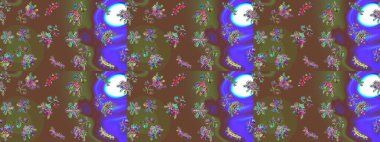 İşlemeli çiçekli, dikişsiz desen. Renkli grunge soyut arka planda colokahverengi, yeşil ve menekşe çiçekleri ile zenginleşir. İzler, kumaş, duvar kağıtları, tekstil için raster dokusu.