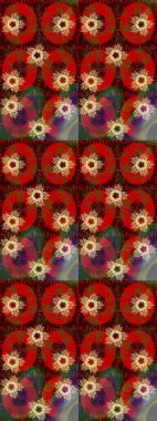 Sanat terapisi tarzı zen çizim için kırmızı, kahverengi ve yeşil mandala şeklinde kar taneleri. El çizimi, dövme stili, kumaş tasarımı ve Raster illüstrasyonunda kartlar..