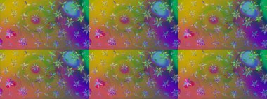 Suluboya elle çizilmiş çiçek desenli eskiz deseni. Parlak renkli fantezi çiçekleri, yapraklar, yeşil ve kahverengi renkli tomurcuklar yeşil ve kahverengi.