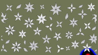 In asian textile style on green and white colors. Floral sketch pattern with watercolor flowers. Raster illustration.