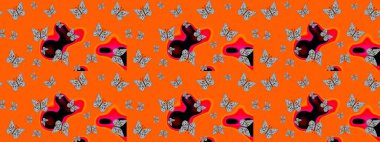 Suluboya soyut parlak desenli kelebek kanatları, retro renkler. Kumaş, tekstil, baskı ve davetiye için arka plan. Turuncu ve gri renkli resimler.