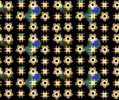 Raster illüstrasyonu. Siyah, sarı ve kahverengi kar taneleri. Noel ve yeni yıl moda baskıları için tatil tasarımı. Kar tanelerinin soyut arkaplanlı Noel şablonu. Renkler.