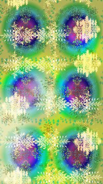 Yeşil, nötr ve mavi kar taneleri. Raster illüstrasyonu. Kar tanelerinin soyut arkaplanlı Noel şablonu. Noel ve Yeni Yıl moda baskıları için tatil tasarımı.