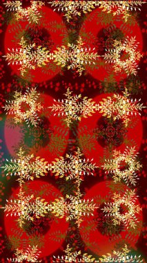 Raster illüstrasyonu. Çiçek desenli çizim. Asya tekstil kırmızı, kahverengi ve sarı renkler.