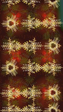 Düz yatıyordu. Kış konsepti Kahverengi, kırmızı ve yeşil renklerde kar tanesinden yapılmış kış deseni. Raster illüstrasyonu.