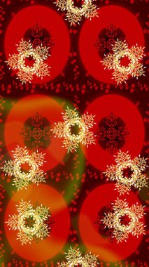 Kar tanelerinin soyut arkaplanlı Noel şablonu. Kırmızı, kahverengi ve turuncu renkler. Raster illüstrasyonu. Noel ve Yeni Yıl moda baskıları için tatil tasarımı.