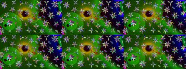 Çiçeksel çizim kalıbının yansıması. Vadinin çiçekleri yeşil ve siyah renklerde.