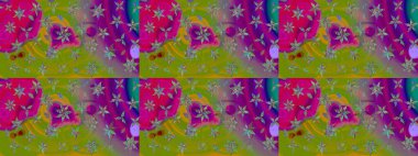 Çiçek desenli çizim. Raster illüstrasyonu. Asya tekstil tarzında. Yeşil ve mor renkli çiçekler. Raster illüstrasyonu.