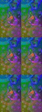 Şirin karalamalı çiçek desenli çizim. Eskiz stili yeşil ve mavi renkler. Raster illüstrasyonu. Raster illüstrasyonu. El yapımı çiçek ve bitki koleksiyonu.