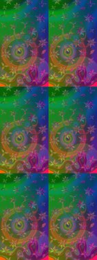 Çiçek desenli çizim. Yeşil ve mavi renkte çiçekler. Raster illüstrasyonu. Raster illüstrasyonu. Asya tekstil tarzında.