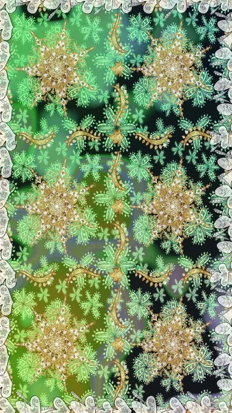 Doğu tarzı arabesk tarzında altın elementler. Kusursuz altın desenli bukleler. Raster altın pürüzsüz desen. Yeşil renklerde pürüzsüz desen.