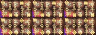 Bokeh kahverengisi, bej, sarı ve kar taneleriyle dekoratif Noel arkaplanı. Raster illüstrasyonu.