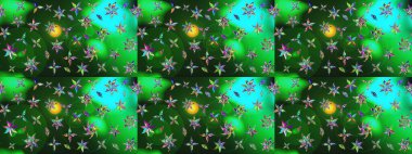 Raster çiçek desenleri çiziyor. Vadinin çiçekleri yeşil ve mavi renklerde.