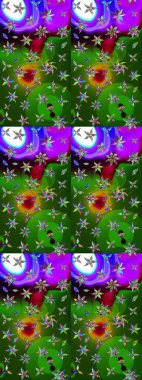 Yeşil ve mor renkler üzerine çiçek desenli çizimler, el yapımı papatyalar, papatyalar. Tekrarlayan çiçek arkaplanı, zarif yeşil ve menekşe çiçekli duvar kağıdı.