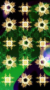 Kış konsepti Yeşil ve siyah renklerde kar tanelerinden oluşan kış deseni. Düz yatıyordu. Raster illüstrasyonu.