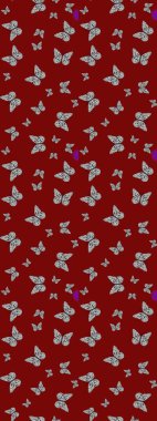 Sketch background from bright butterflies. Raster. Beautiful colorful butterflies chaotically fly on red colors. Suitable for fabric, paper, packaging. Sketch multicolored background with flying moths