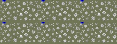 Raster deseni. Bahar çiçekleri dallı desen, yeşil renkler çiçekli siluet.